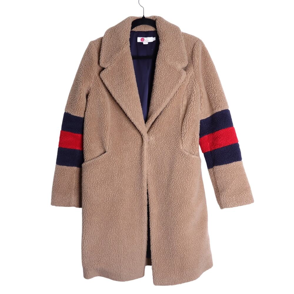 BODEN Hereford Teddy Bear Coat Tan Long Sleeve Elbow Stripes Women's 2
